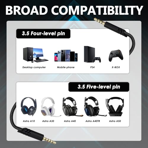 Detachable Gaming Headset Cable Replacement, 3.5mm(1/8") Nylon Braided with Inline Mute Switch Volume Headset Cable Compatible with Astro (Type 4)