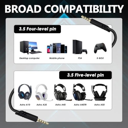 Detachable Gaming Headset Cable Replacement, 3.5mm(1/8") Nylon Braided with Inline Mute Switch Volume Headset Cable Compatible with Astro (Type 4)