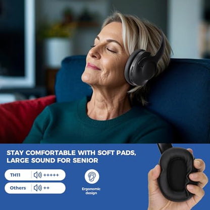 Wireless TV Headphones with Transmitterfor Seniors,Optical,RCA,AUX,USB,BK | 2.4GHz wireless TV headphones with 22ms low delay,dual-link phone sync,individual volume control,and universal compatibility.