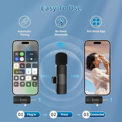 Wireless Lavalier Microphone for iPhone & Android & iPad & Camera - 2 Pack 3 in 1 Mini Microphones with Noise Reduction Lapel Mic for Live Stream Content Creators Podcast