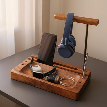 Multi-Device Headphone Stand, Acacia Wood Tech Organizer with Storage Tray | Solid 1.5 in thick acacia wood organizer for headphone, phone, tablet & accessories, gaming & office desk setup, workspace - style: Headphone Cell iPad Holder