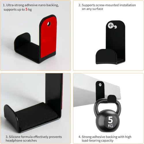 Wall Mount Headphone Stand - 2 Pack with Adhesive & Screws, Dual Installation Hook Holder, Non-Slip Rubber Pad for Gaming Headsets, Desk or Wall Organization Accessories - size: Basic