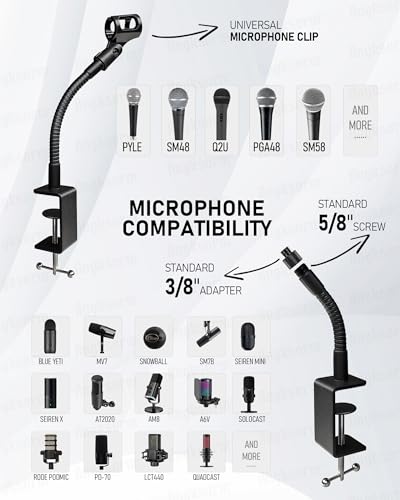 30-INCH Modular Microphone Stand Kit - Heavy-Duty Flexible Gooseneck Desktop Mic Stands Clamp Mount Base and Extension Tube