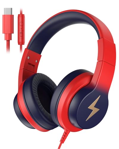 Candy Bila USB C Kids Headphones with Mic, Wired Over-Ear for Boys Girls | 85/94dB Safe Volume, HD Mic Stereo Sound, Foldable Design for Travel,Compatible USB-C iPads,Tablets,Chromebook,Gradient Red - color: Gradient Red