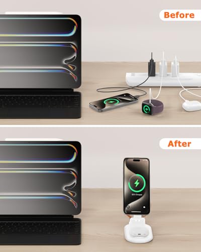 Magnetic Wireless Charger Mag-Safe 3 in 1 Charging Station Foldable | 15W Max Wireless Charging Stand for iPhone 17/16/15/14/13/12, Fast Travel Charger for Multiple Devices iWatch Airpods (White)