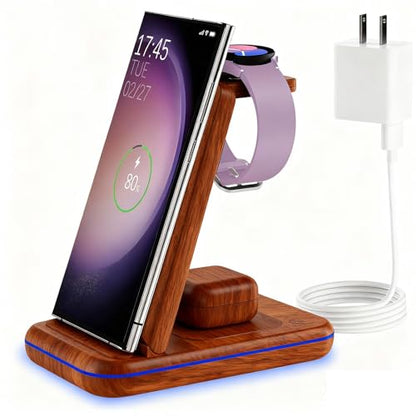 Wireless Charging Station for Samsung/Android, Fast Wireless Watch Charger Station Compatible for Samsung Galaxy S26 Ultra/S25/S24+/Z Flip 7/6 Fold 7/6, Watch8/7/Pro/Active 2 Galaxy Buds3/2 Pro(Wood) - color: Wood