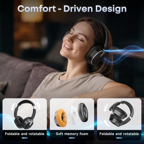 Hybrid Active Noise Cancelling Bluetooth Headphones Wireless Headphones | Over Ear, 120H Playtime, Hi-Res Audio, Deep Bass, Memory Foam Ear Cups for Home Office Travel Foggy Black