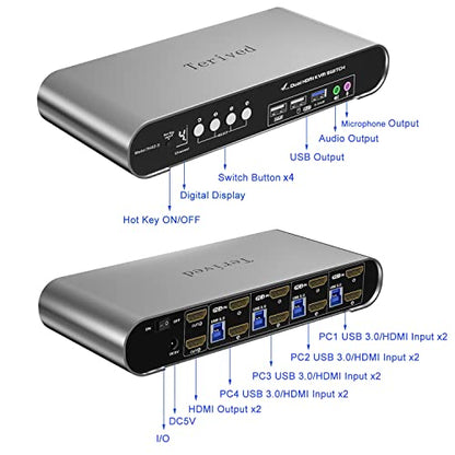 4 Computers 2 Monitors USB 3.0 HDMI KVM Switch 4K@60Hz with Hotkey Switching, Automatic Switching 4 Port Dual Monitor, Aluminum, Digital Display, USB 3.0 Audio/Mic, EDID, HDR10 with Cables - style: 4 Computers 2 HDMI Monitors