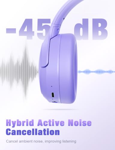 RUNOLIM Hybrid Active Noise Cancelling Headphones, Wireless Over Ear Bluetooth Headphones with Microphone, 100H Playtime, Foldable Headphone with HiFi Audio, Deep Bass for Home Travel Office（Purple） - color: Purple