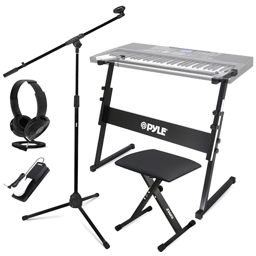 PYLE Heavy-Duty Electric Keyboard Accessories, E Piano Equipment Pack Includes Height Adjustable Z Shape Keyboard Stand, Keyboard Stool, Microphone Stand, Headset, and Sustain Pedal, Black - style: Black Keyboard Accessory Set