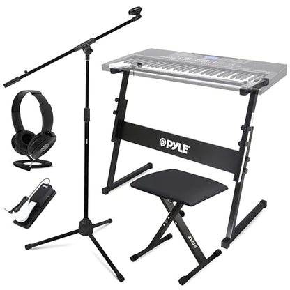 PYLE Heavy-Duty Electric Keyboard Accessories, E Piano Equipment Pack Includes Height Adjustable Z Shape Keyboard Stand, Keyboard Stool, Microphone Stand, Headset, and Sustain Pedal, Black - style: Black Keyboard Accessory Set