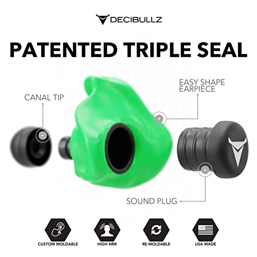Decibullz - Custom Molded Earplugs, 31dB Highest NRR, Comfortable Hearing Protection for Shooting, Travel, Swimming, Work and Concerts (Green) - color: Green