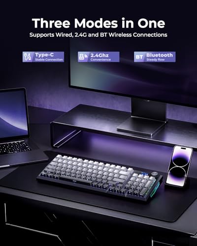 Redragon Wireless Mechanical Keyboard, Gasket RGB Gaming Keyboard with Screen & Knob, Tri-Mode BT5.0/2.4G/USB-C, 95 Keys Hot Swappable, Side Printed PBT Keycaps, Thick Pre-Lubed Linear Switch, K725SP - color: Grey