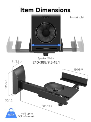 suptek Large Dual Side Clamping Bookshelf Speaker Wall Mounting Bracket for Large Surrounding Sound Speakers, Hold up to 55lbs Black SPM201LB - size: Large--black