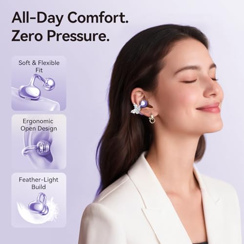 Kinglucky Gen2 Clip-On Earbuds with Butterfly Earrings, Charge & Store Without Removing Earrings, Comfortable Fit & 40H Playtime Bluetooth Open Ear Headphones for Women, Small Ears, Gifts (Purple) - color: Purple