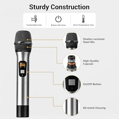 TONOR Wireless Microphones System, 4x10 Channel UHF Wireless Mic, 4 Handheld Adjustable Frequency Metal Cordless Dynamic Mic, Multiset Operation, 90 m Ideal for Karaoke Singing Wedding Church, Silver - style: 4 Mics