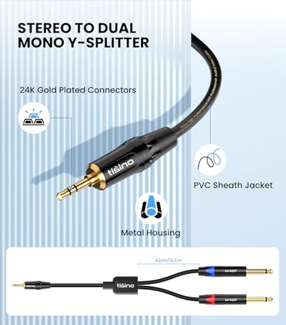 Tisino 1/8" to 1/4" Stereo Cable, Dual 1/4" to 3.5mm Audio Cable, 6.6FT/2m | 1/4" to 1/8" Audio Adapter Cable for Smartphone, CD Player, Mixer, Speakers, Amplifiers, Gold-Plated 20AWG OFC - size: 6.6 feet