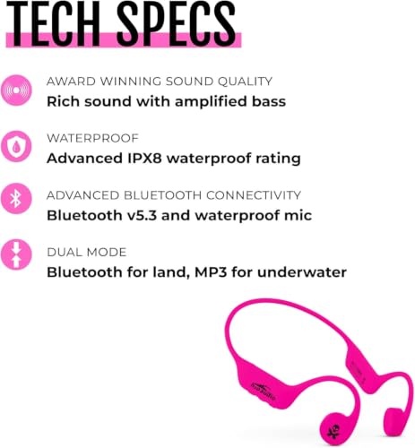 H2O Audio Betty x TRI 2 Multi-Sport Waterproof Bone Conduction Headphones – IPX8 Waterproofing, Bluetooth 5.3, Built-in MP3, 8GB – Swimming, Running, Triathlon, Open Ear – Pink - color: TRI 2 x Betty Pink