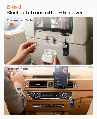 Nulaxy 2-in-1 Airplane Bluetooth Transmitter Receiver Adapter with Screen, 3.5mm AUX Supports 2 Headphones/AirPods, Qualcomm Chip Low Latency, 20H Playtime for TV Car Treadmill Home Stereo, Black - color: Black