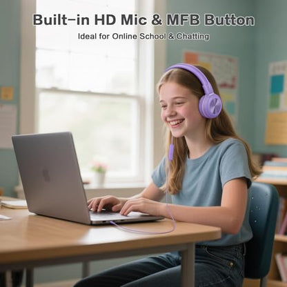 SIMOLIO Manyshare Series- Wired Headphones for Kids, Girls School Headphone with Microphone & Share Port & Volume Limit, Foldable Durable Over Ear Headsets for Tablet Travel Airplane Teens (Purple) - color: Dreamy Lavender 3.5mm