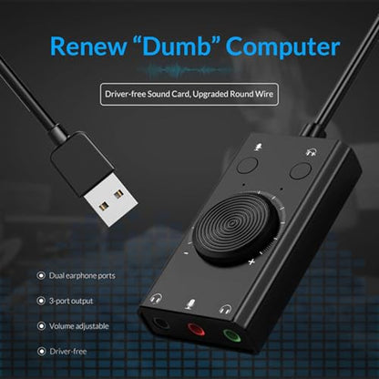 External USB Sound Card, Stereo Mic Speaker Headset Audio Adapter with Mute Volume Switch Adjustment