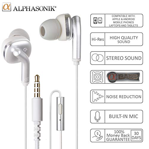 Alphasonik Premium In Ear Alpha Bass Noise Isolating Headset Earphones/Earbuds/Headphones with Stereo Microphone & Remote Control Made for Apple iPhone iPad iPod Samsung Galaxy Android Smartphones - style: Silver