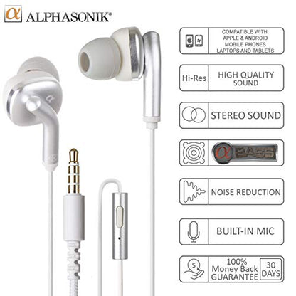 Alphasonik Premium In Ear Alpha Bass Noise Isolating Headset Earphones/Earbuds/Headphones with Stereo Microphone & Remote Control Made for Apple iPhone iPad iPod Samsung Galaxy Android Smartphones - style: Silver