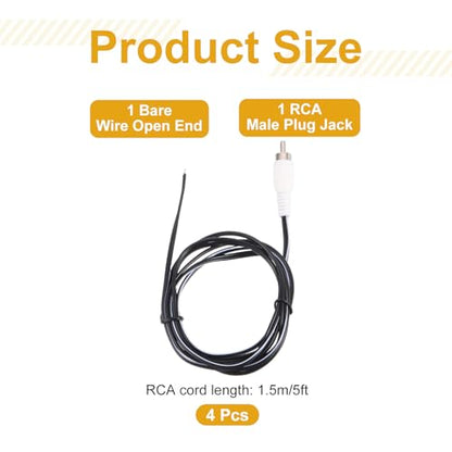 MECCANIXITY 4pcs 5ft RCA Audio Subwoofer Cable, 1 RCA Male Plug to Bare Wire Open End Audio Video Speaker Cable for Amplifier Home Theater, White