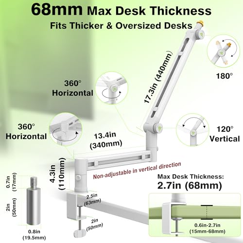 AA AUDIO ACCESSORY White Boom Arm Low Profile (Design for Heavy Mic) 6.6lbs Load Capacity, Gear Lock Structure Never Sags, Metal Microphone Stand Desk Mount for Shure SM7B MV7+, Blue Yeti, Rode PodMic - color: White