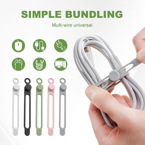 Silicone Cable Ties Reusable, Data Cable Organizer & Cord Management Straps, Elastic Cable Wrap for Wires, Charger, Earphones, USB Cables, Cable Management Organizer for Home Office Desk (24)