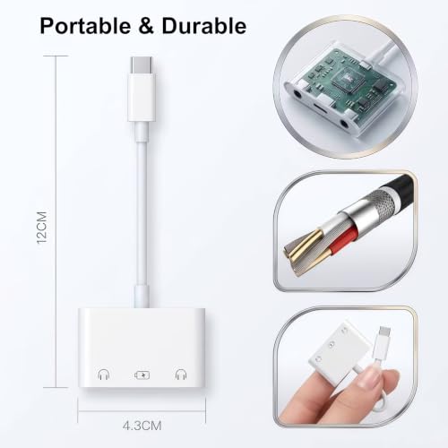 USB C Headphone Splitter, USB C to Dual 3.5mm Audio and Charging Adapter