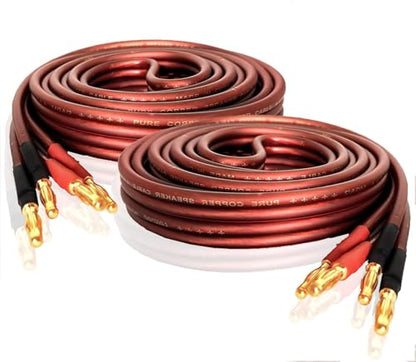 LONPOO Oxygen Free Pure Copper 14 Gauge Speaker Wire | Speaker Cables with 245 Strands Gold Plated Banana Plugs,6.6 Feet 2 Pack for Stereo and Home Theater (2M/6.6Ft)