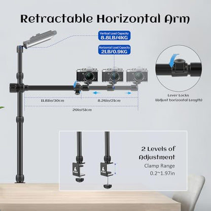 Ailight Camera Desk Mount Stand Overhead, Adjustable Microphone Boom Arm Mic Stand with Phone Holder, Camera Arm Clamp 5/8'' 3/8'' 1/4'' Screws for Shure, Blue Yeti, Rode, Elgato, Fifine, HyperX