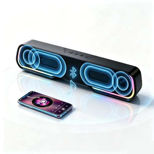 Bluetooth Computer Soundbar Speakers, Rechargeable Gaming Sound Bar with RGB, Support FM Radio/TF Card/AUX/USB Playback, Speakers for Desktop, Laptop, TV, Phone, HD Stereo Loud Sound, Punchy Bass