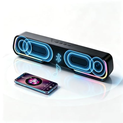 Bluetooth Computer Soundbar Speakers, Rechargeable Gaming Sound Bar with RGB, Support FM Radio/TF Card/AUX/USB Playback, Speakers for Desktop, Laptop, TV, Phone, HD Stereo Loud Sound, Punchy Bass
