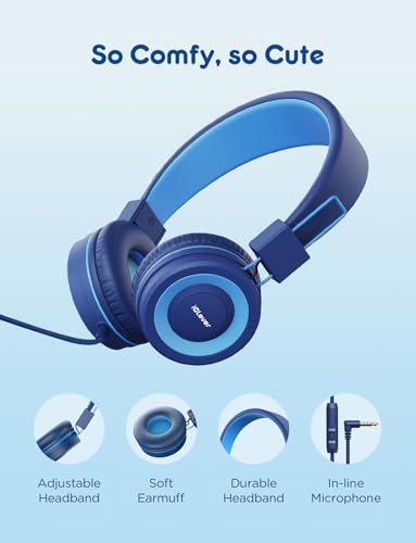 iClever HS14 아동용 유선 헤드폰, 라이트 블루, 85dB 볼륨 리미터, 스테레오 사운드, 내장 마이크, 3.5mm 오디오 잭 호환, 173.9g(6.5온스) | SafeSound Tech, 스테레오 사운드, 접이식, 오버 이어 유아용 헤드폰, 어린이/학교/태블릿/여행용 내구성 있는 헤드폰 - color: 라이트 블루