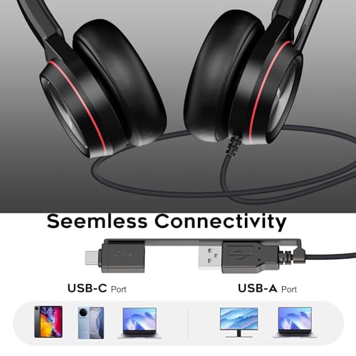 MKJ Noise Canceling USB Headset with Microphone, Wired Computer Headphone | USB-A/USB-C, Call Center & Office Headset, Plug & Play for PC/Laptop, Inline Volume Control, Compatible with Teams/Zoom/Webex