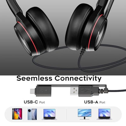 MKJ Noise Canceling USB Headset with Microphone, Wired Computer Headphone | USB-A/USB-C, Call Center & Office Headset, Plug & Play for PC/Laptop, Inline Volume Control, Compatible with Teams/Zoom/Webex