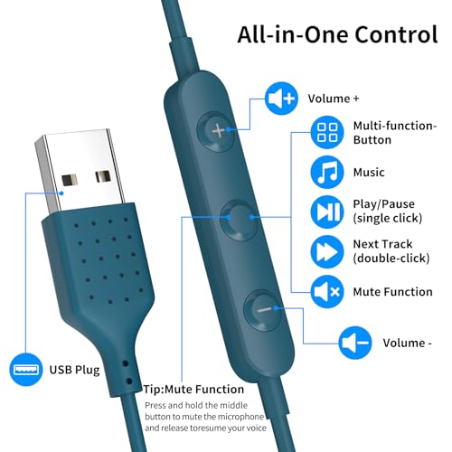 USB Earbuds for PC,Headphones with Microphone for Computer,Blue - color: Blue