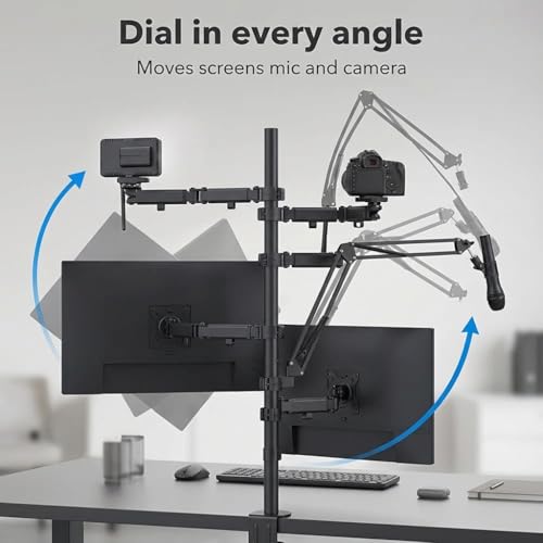 Mount-It! All in One Live Streaming Equipment - 5 Arm Desk Mount - Holds Dual Monitors, Cameras, Ring Light with Mic Desktop Stand Set, YouTube Setup for Podcasting, Gaming, Zoom, Clamp/Grommet Base - size: 5 arm