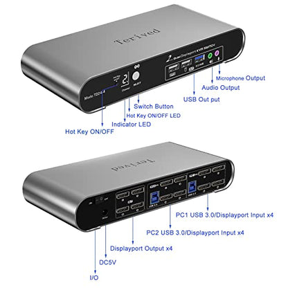 2 Port DP USB 3.0 Automatic KVM Switch Quad Monitor Two Computers Four DisplayPort Monitors, 8K@30Hz 4K@144Hz, Aluminum hotkey Audio Microphone, Digital Display, HDR10 with Cables - style: 2 Computers 4 DP Monitors USB 3.0