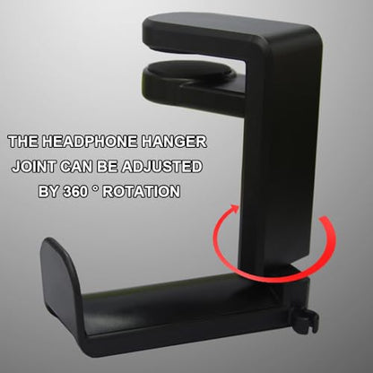 Headphone Stand, Gaming Headset Holder, 360 Degree Rotation Adjustable Headphone Stand, Adjustable Clamp-on Under Desk Hanger, Cable Clip Organizer (Black)