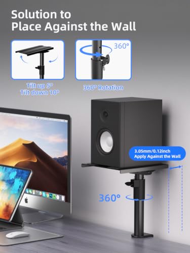 suptek Clamp-on Speaker Stand Desk Mount, Height Adjustment, Swivel, Tilt, 9.6 x 8.8 in Trays, Universal Audio Holders for Bookshelf Speakers, Elevated Sound, Against the Wall, 2 Pack, Black, SDM001KT - color: Black, size: Tilt Speaker Stands Against the