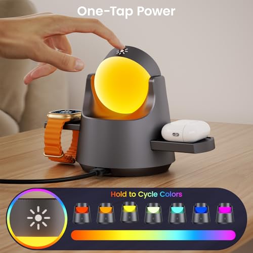 3 in 1 Wireless Charging Station for Apple Devices, PDMAX Qi Mag-Safe Charger Stand & RGB Light, Fast Charging Station for iPhone 17 PRO MAX,16,15 Series&iWatch&Air Pods, Grey(33W Charger Included) - color: Grey