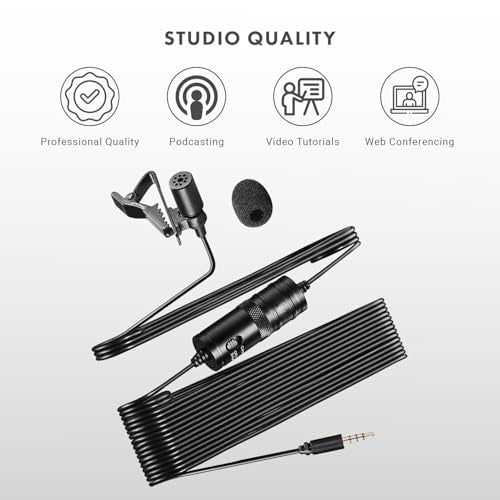 Movo LV1-USB Lavalier Microphone for Camera, Lapel for iPhone and Android Smartphones, Body Lav Mic, Clip On Microphone for 3.5mm, Shirt Lapel Mic for Phone, GoPro, Interview, Computer, PC