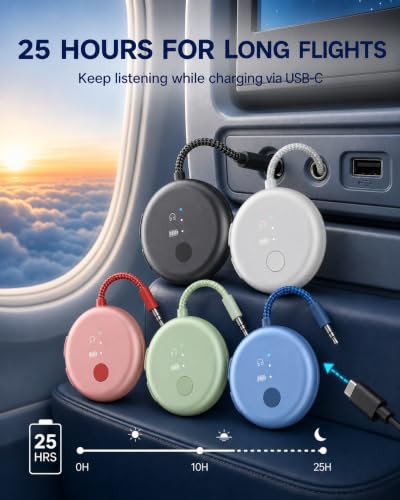 Avantree SoundJet R1 - Airplane Bluetooth Adapter for AirPods, 25H | Qualcomm aptX Adaptive & HD, dual-headphone pairing, 25-hour battery, USB-C charging, and single/dual airline plugs - color: 7. Set of 5-Color