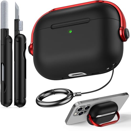 Case for Apple Airpods Pro 3 (Black+Red) | with Safety Lock, Phone Holder Function, TPU Material, with Portable Hook, Multifunctional Cleaning Tool - color: B-Black+Red, size: Airpods Pro 3 (2025)