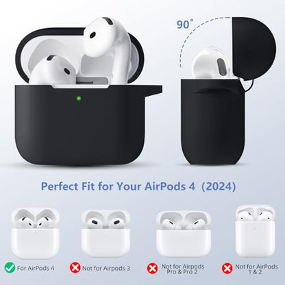for Airpods 4th Generation Case Cover(2024),Soft Silicone Full Protective Case for AirPods 4 Case with Keychain & Cleaner Kit,Compatible with Apple Airpods 4 for Women,Men（Black） - color: Black