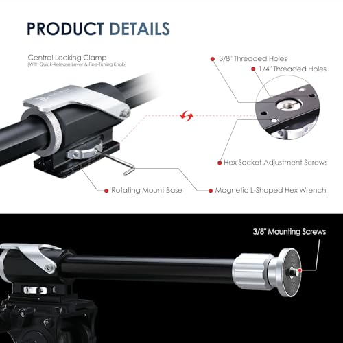 RAUBAY Tripod Extension Arm, Horizontal Boom Arm, 26-40", TE01 | Aluminum overhead tripod arm for top-down photography, with 1/4" and 3/8" mounts for cameras, lights and microphones