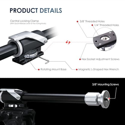 RAUBAY Tripod Extension Arm, Horizontal Boom Arm, 26-40", TE01 | Aluminum overhead tripod arm for top-down photography, with 1/4" and 3/8" mounts for cameras, lights and microphones